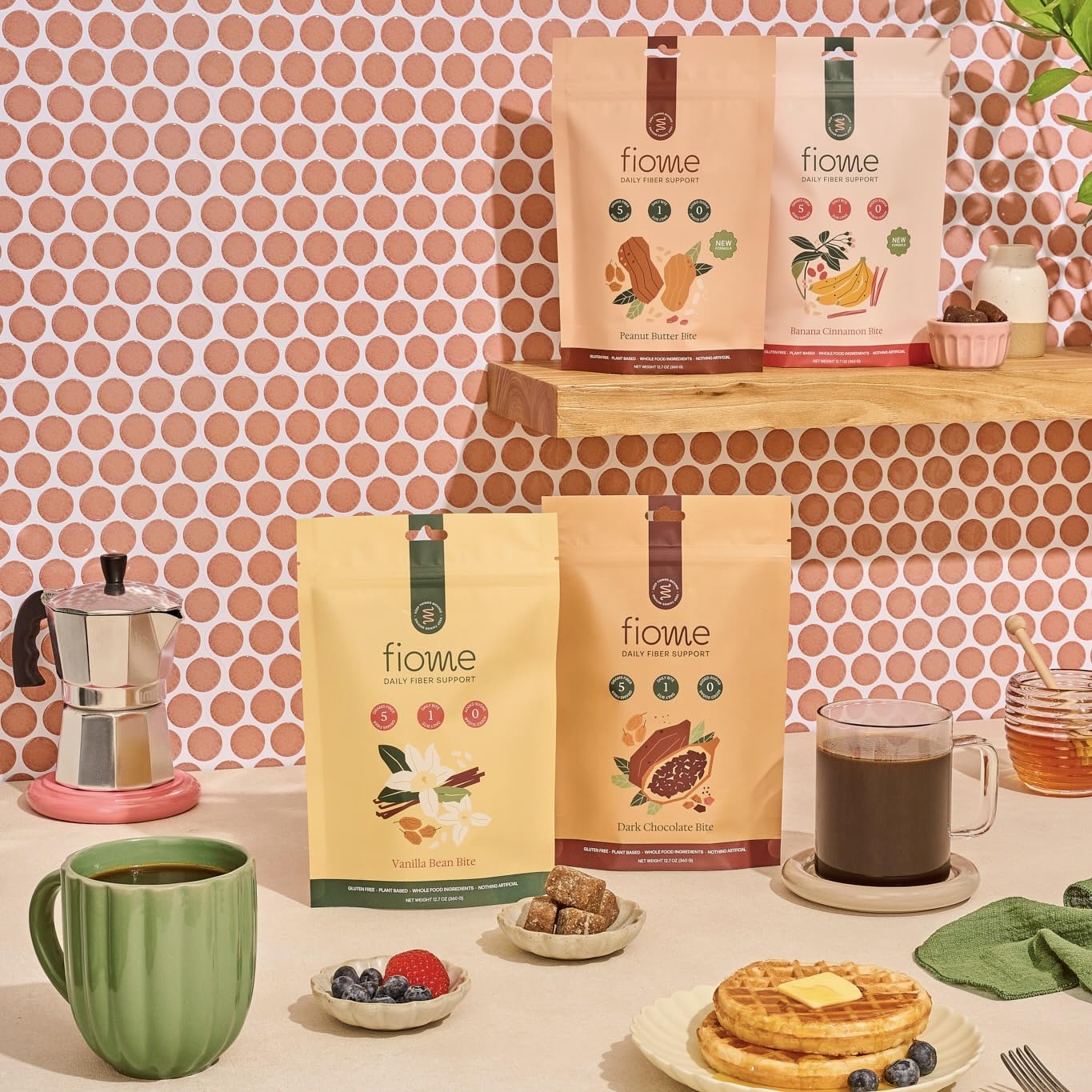 Fiome Fiber Bites pair with water for a smooth daily routine.