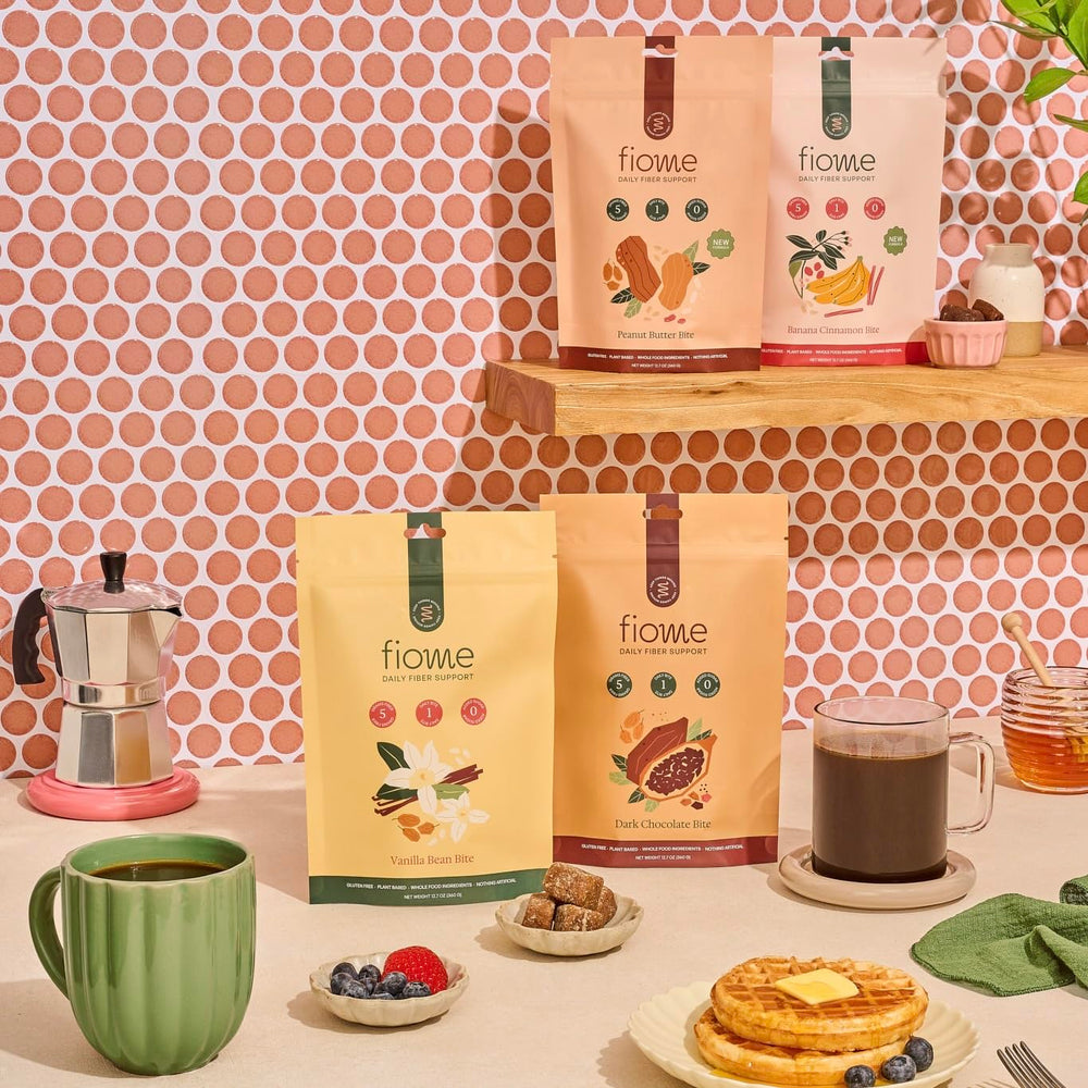 Fiome Fiber Bites pair with water for a smooth daily routine.