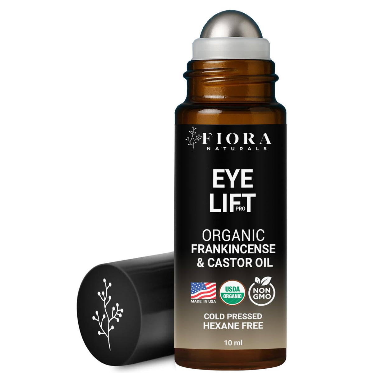 Fiora Naturals castor oil and frankincense roll-on bottle for precise under-eye care