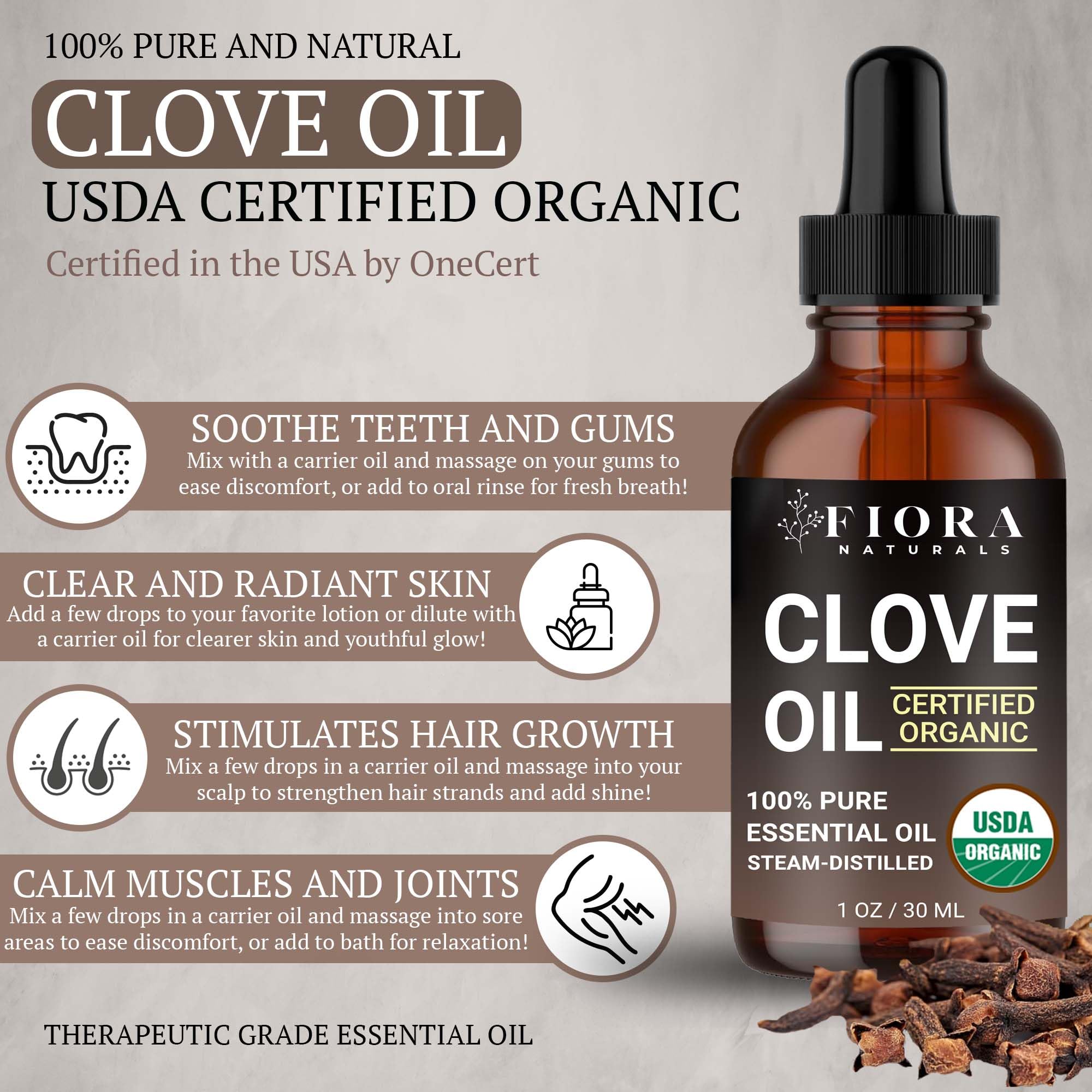 Fiora Naturals Clove Oil Dropper shows safe dilution for teeth and gums care