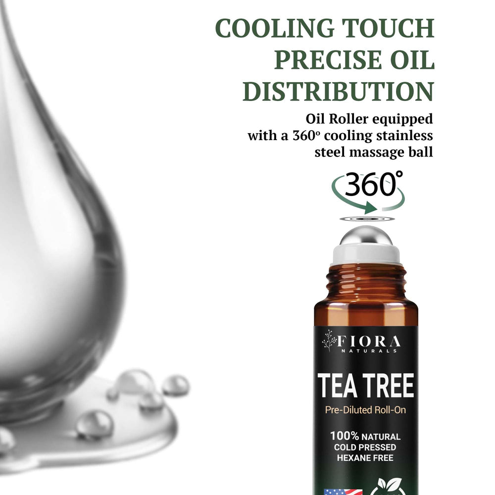 Fiora Naturals Tea Tree Oil Roll-On in use, targeting blemish-prone areas with soothing relief.