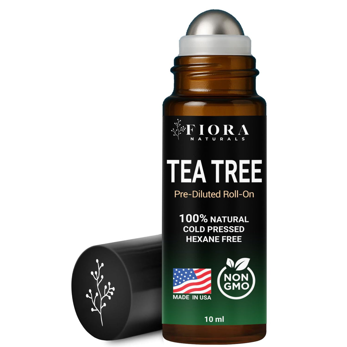 Fiora Naturals Tea Tree Oil Roll-On bottle closeup for mess-free on-the-go blemish care.