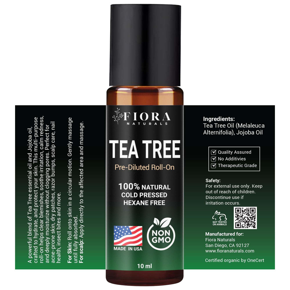 Fiora Naturals Tea Tree Oil Roll-On pocket-sized packaging for quick skincare.