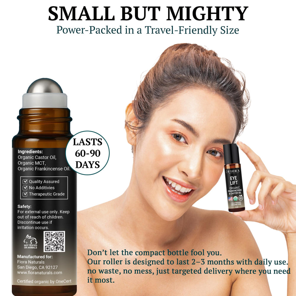 Fiora Naturals castor oil blend on skin for daily eye care routine