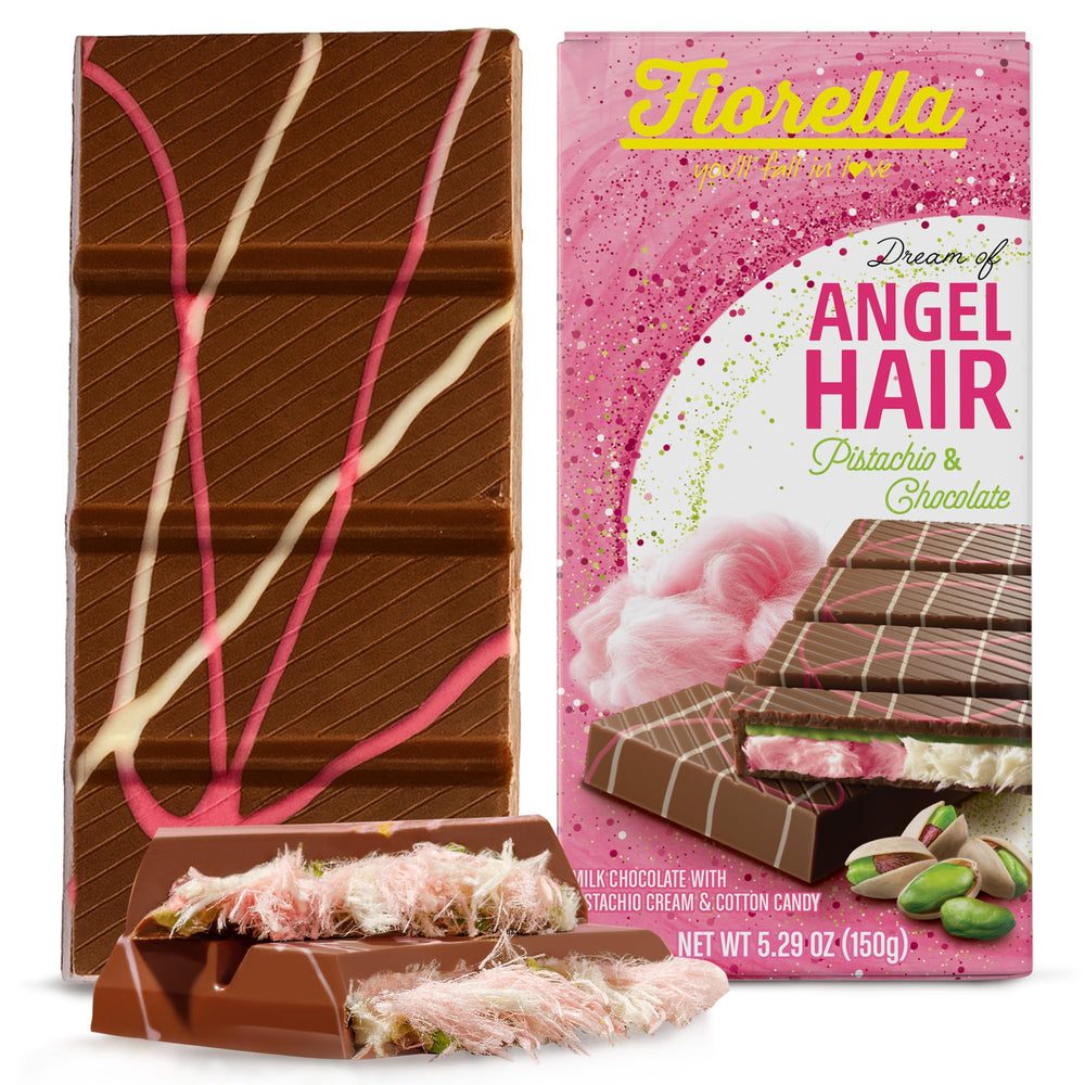 Fiorella Dubai angel hair chocolate bar close-up showing layers of chocolate and pistachio cream