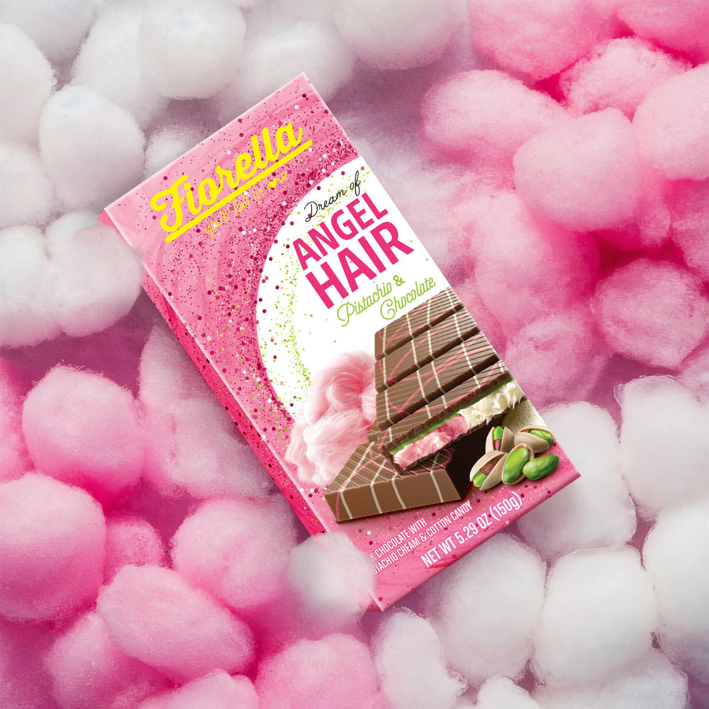 Fiorella Dubai chocolate bar swirl with pink, white, and green visuals