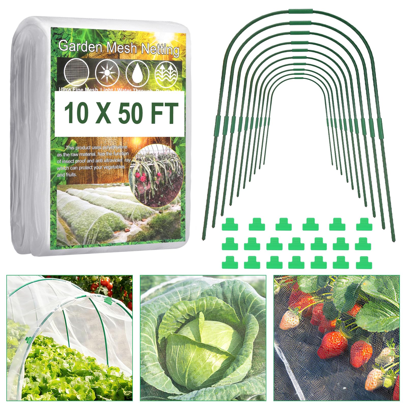 Fippy Garden Netting Kit pest barrier over a 10x50 ft plot for healthy crops