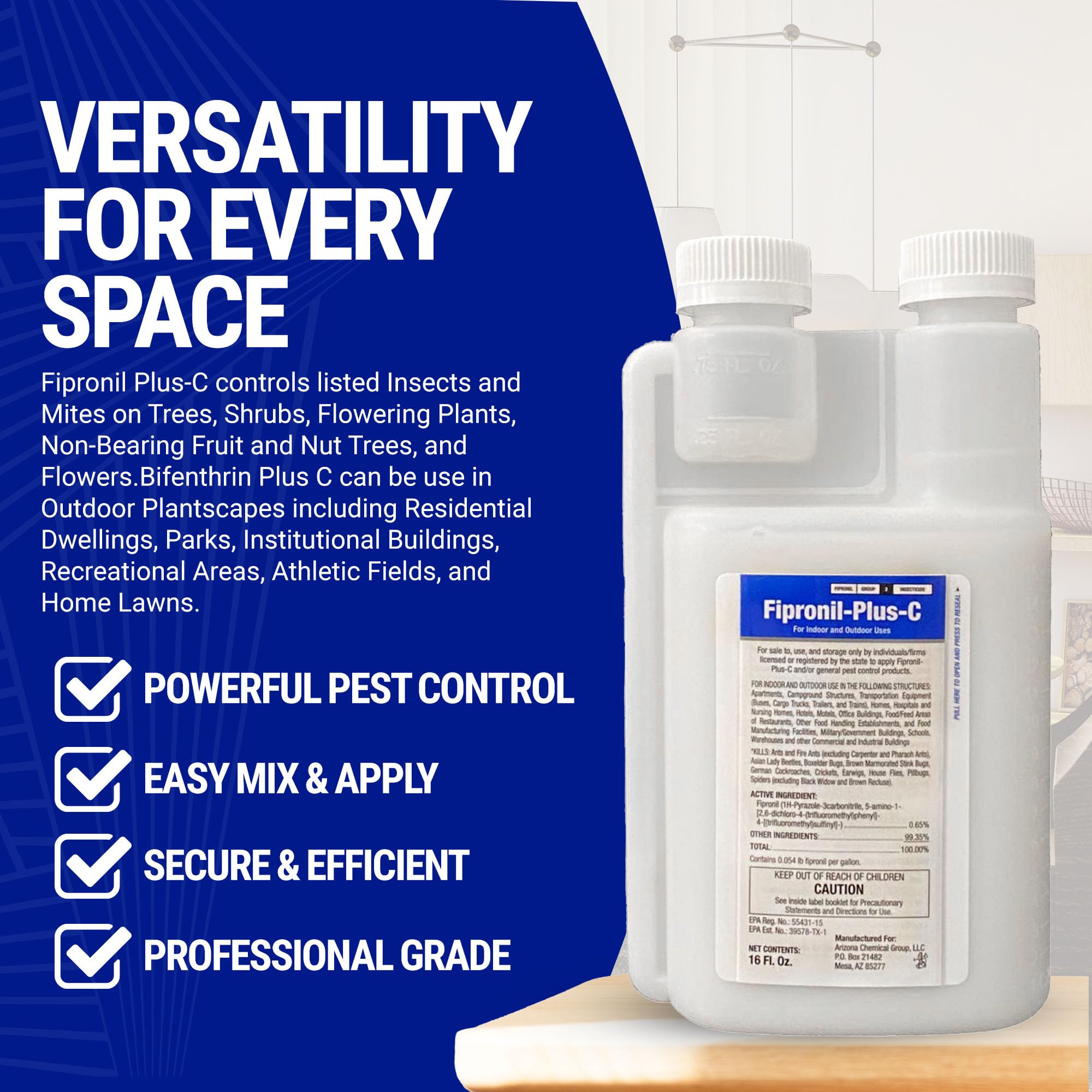Fipronil Plus C indoor-outdoor use shot emphasizes versatile application areas and ongoing control.