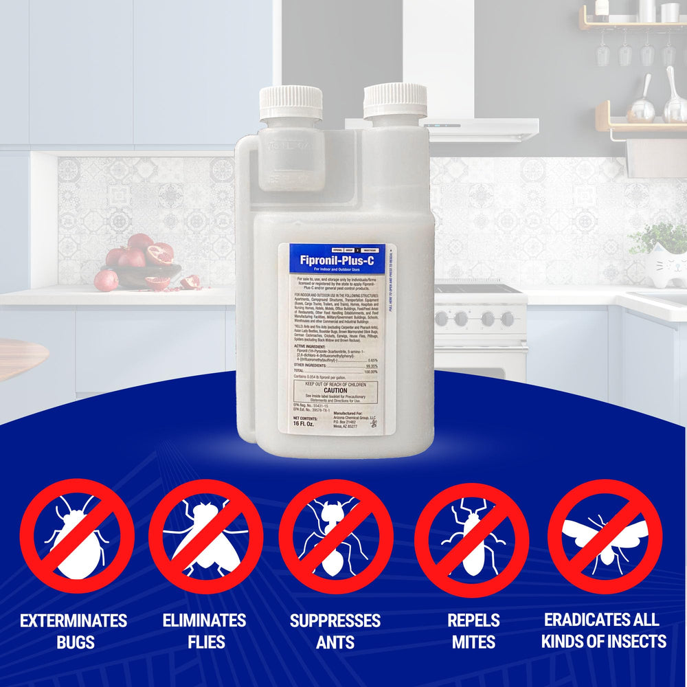 Fipronil Plus C ready-mix visual indicates up to 21 gallons of solution for home use.