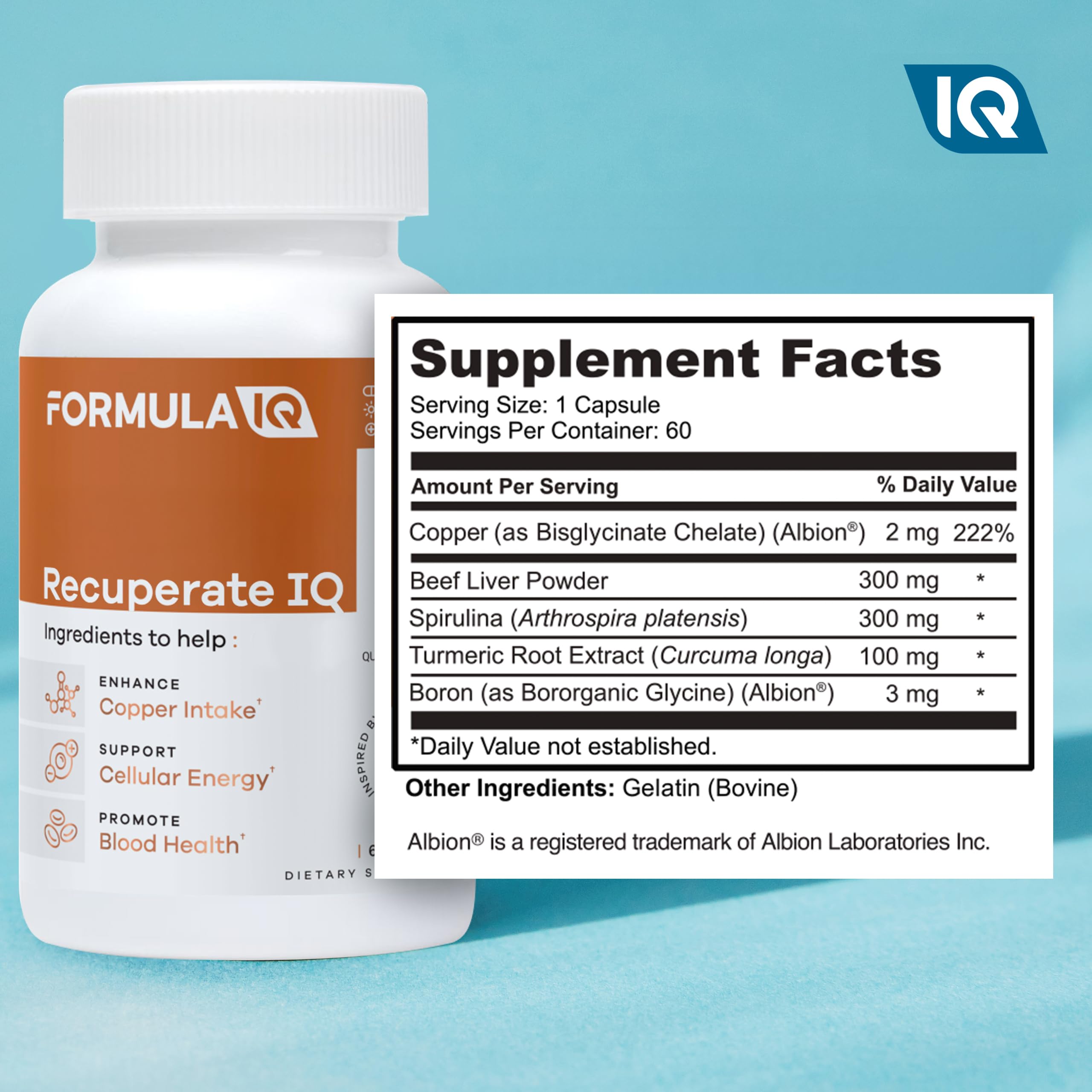 FIQ Formula IQ beef liver and spirulina blend image showing natural nutrients.