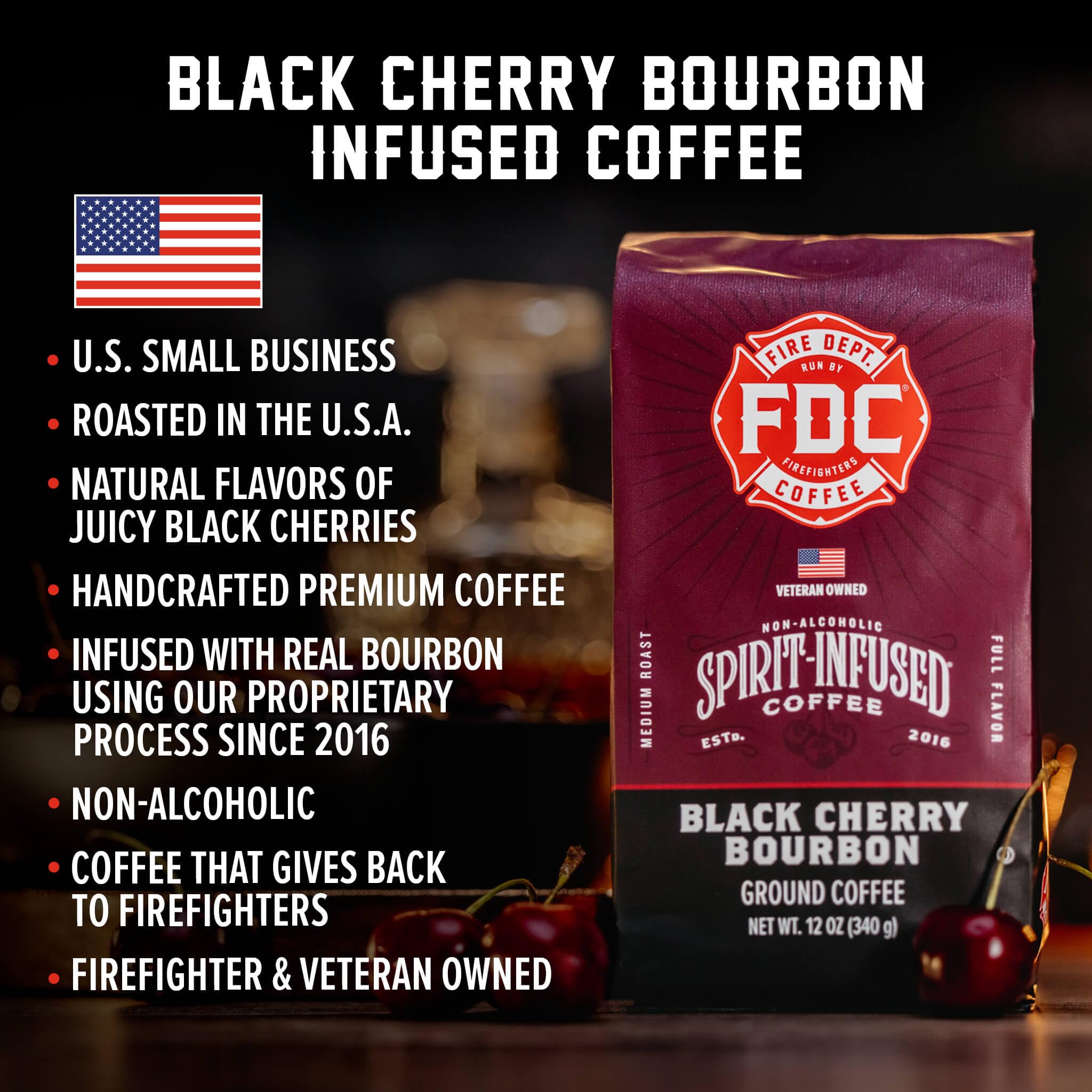Close-up of Fire Department Coffee Black Cherry Bourbon Infused grounds and roasted beans.