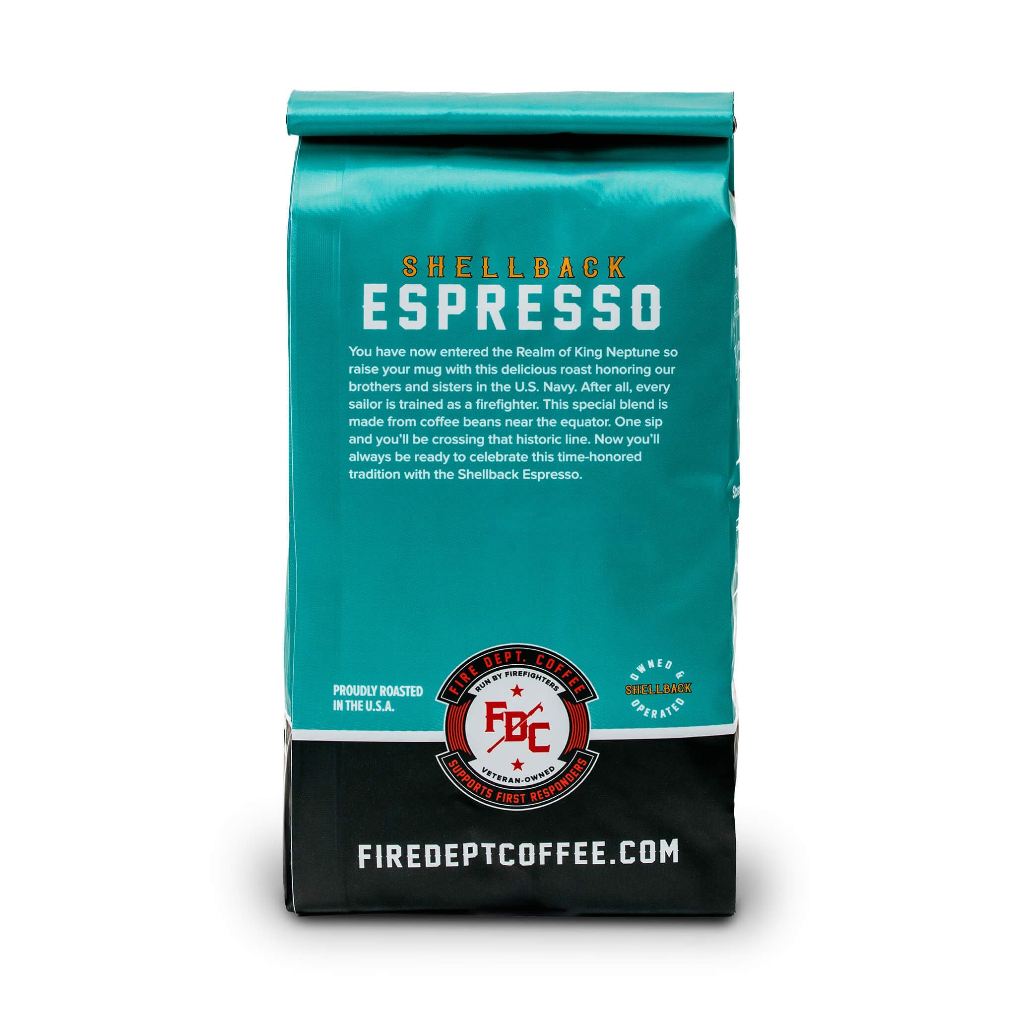 Sealed Shellback Espresso bag, USA-roasted premium coffee secured for freshness.