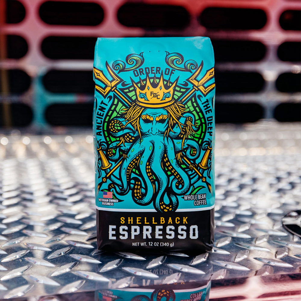 12 oz bag of Shellback Espresso ready for daily coffee ritual.