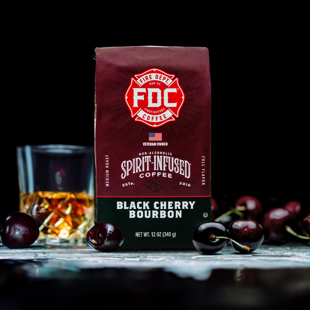 Fire Department Coffee Black Cherry Bourbon Infused beans roasting in small-batch USA.