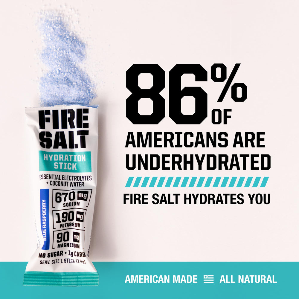 Fire Science Nutrition Fire Salt Hydration Sticks blue raspberry drink mix for coconut water and minerals.