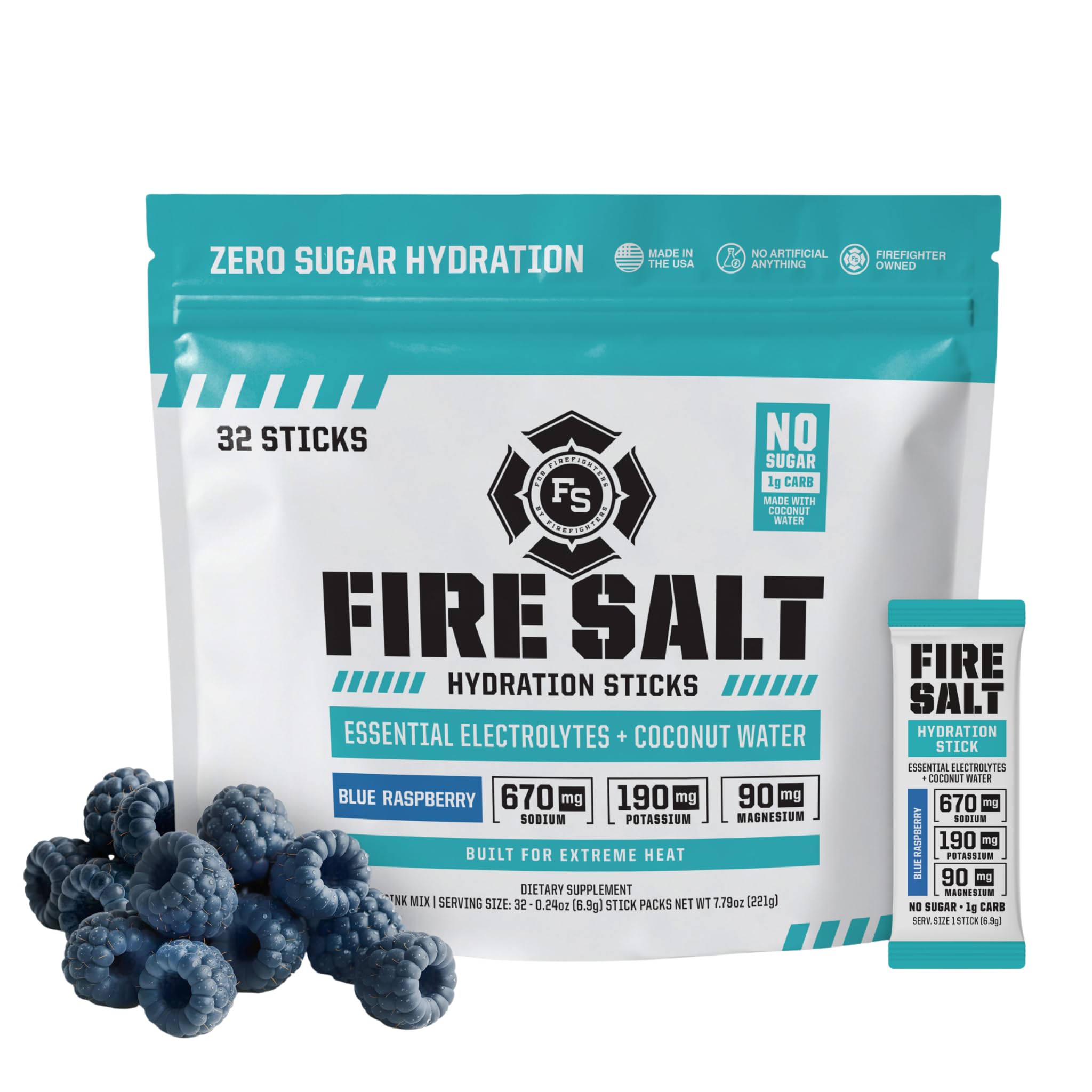 Fire Science Nutrition Fire Salt Hydration Sticks blue raspberry pack provides on-the-go electrolytes.