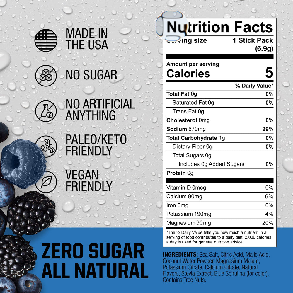 Fire Science Nutrition Fire Salt Hydration Sticks blue raspberry on-the-go pack supports quick replenishment.