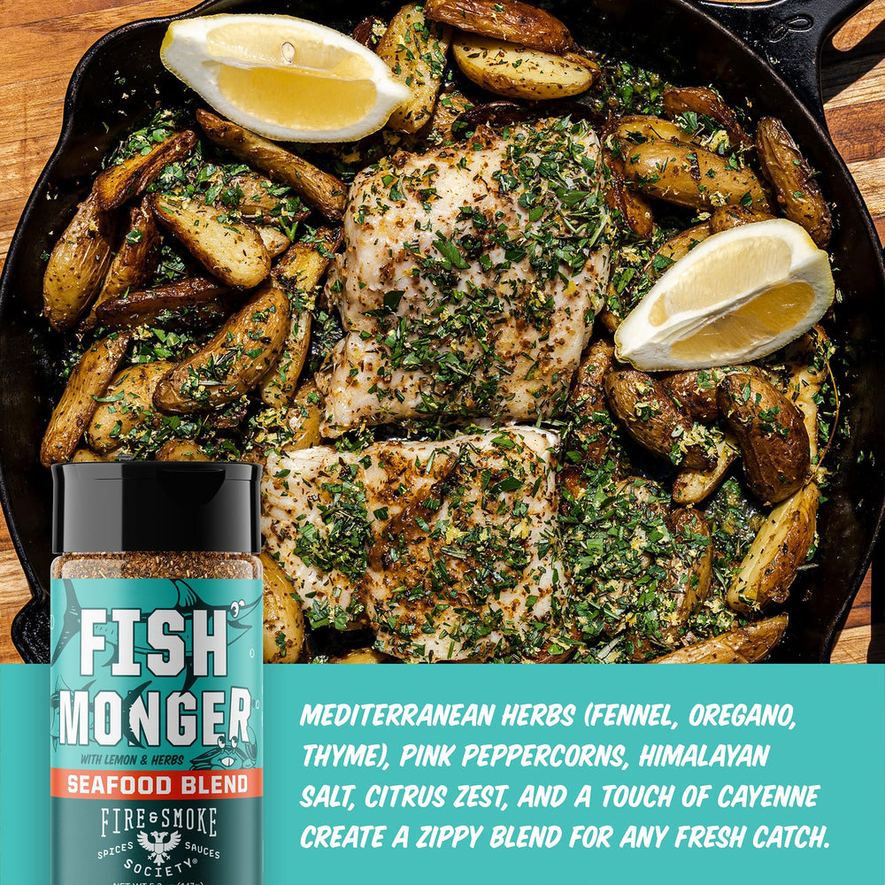 Fire & Smoke Society Fish Monger spice rub pour for easy, mess-free fish seasoning.
