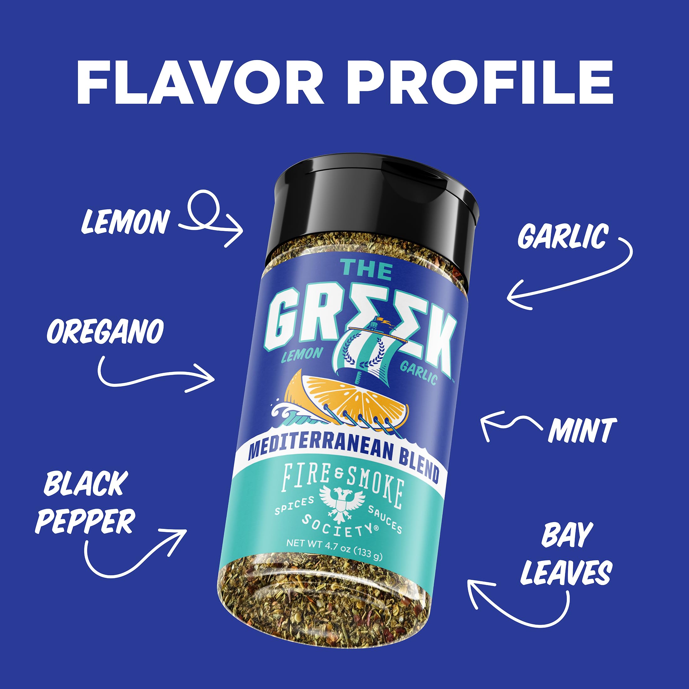 Fire & Smoke Society Greek Seasoning spices jar close-up emphasizes oregano and lemon for grilling
