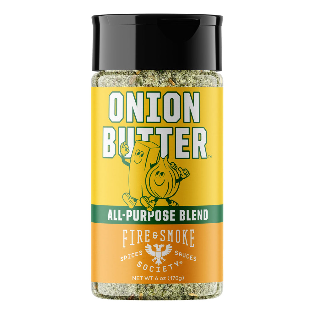Fire & Smoke Society Onion Butter seasoning jar enhances steak and grilling flavor.