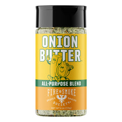 Fire & Smoke Society Onion Butter seasoning jar enhances steak and grilling flavor.