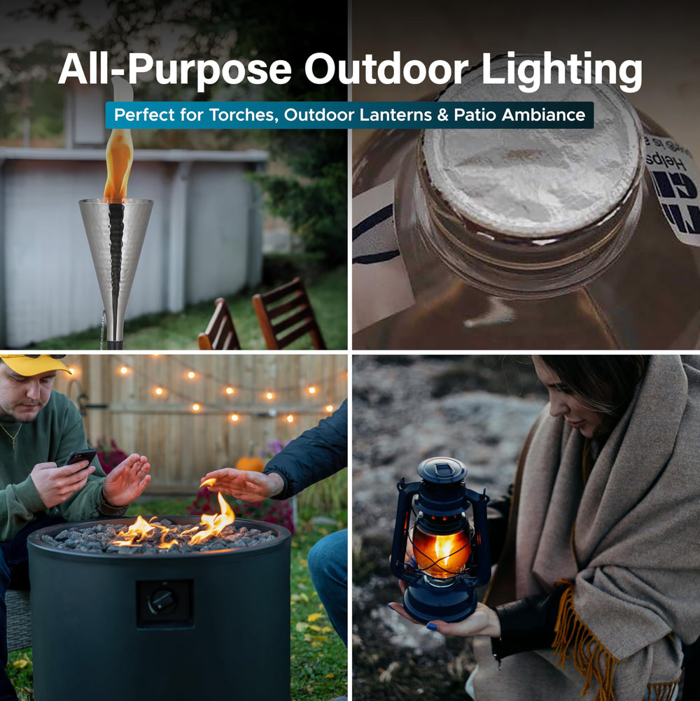 Outdoor tiki torch lit with Firefly Fuel Clean Lamp Oil for evenings.