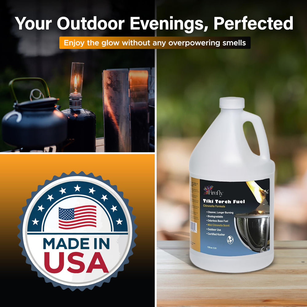 Firefly Fuel Tiki Torch Fuel burns bright for longer patio evenings.