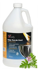 Firefly Fuel Tiki Torch Fuel bottle pour demonstrates clean-burning outdoor lighting with minimal odor.