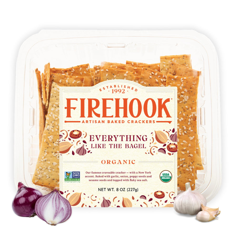 Firehook Everything Bagel Crackers box showing craveable crunch and aroma.