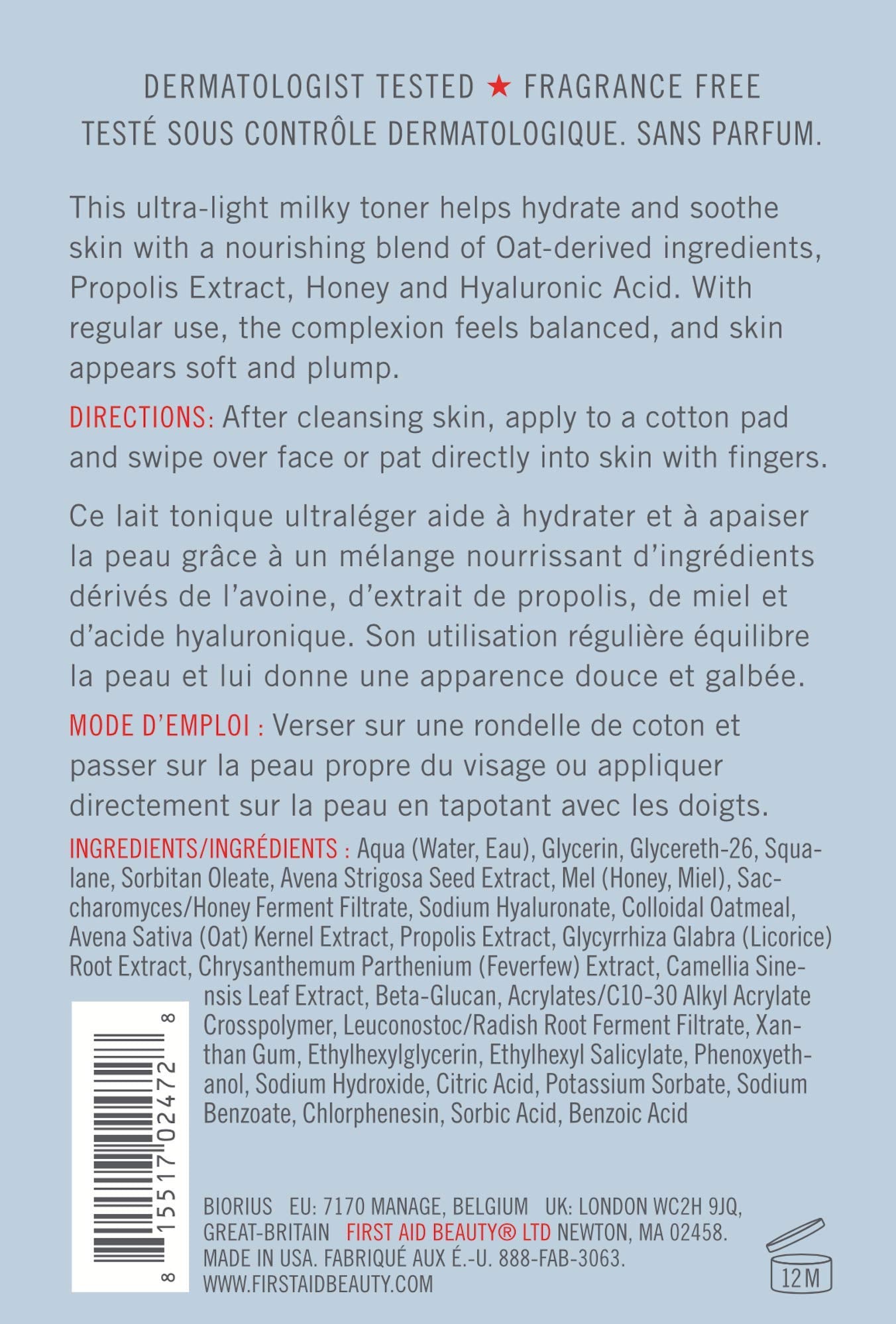 Packaging label for First Aid Beauty Hydrating Toner notes fragrance-free and sensitive-skin friendly traits.