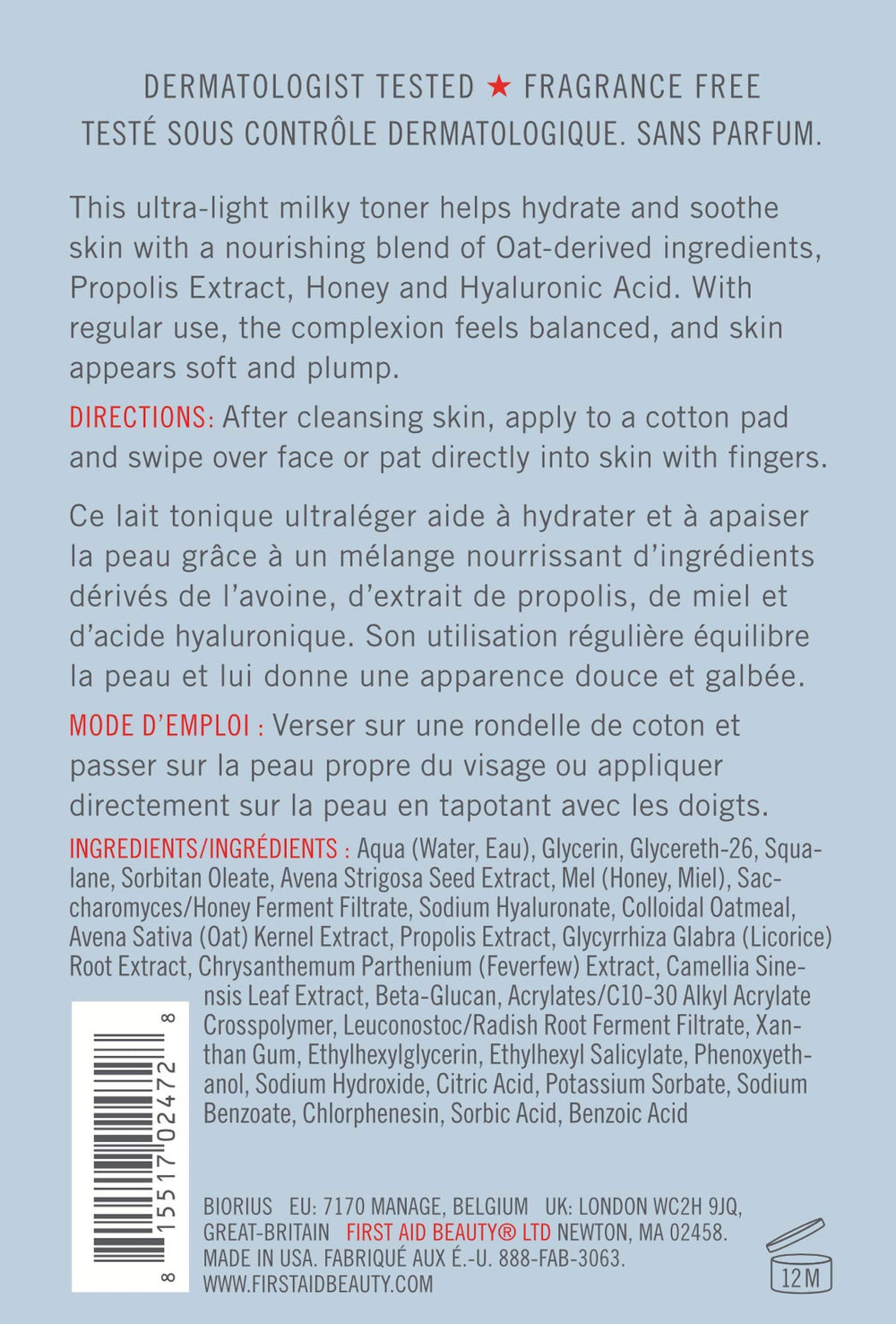 Packaging label for First Aid Beauty Hydrating Toner notes fragrance-free and sensitive-skin friendly traits.