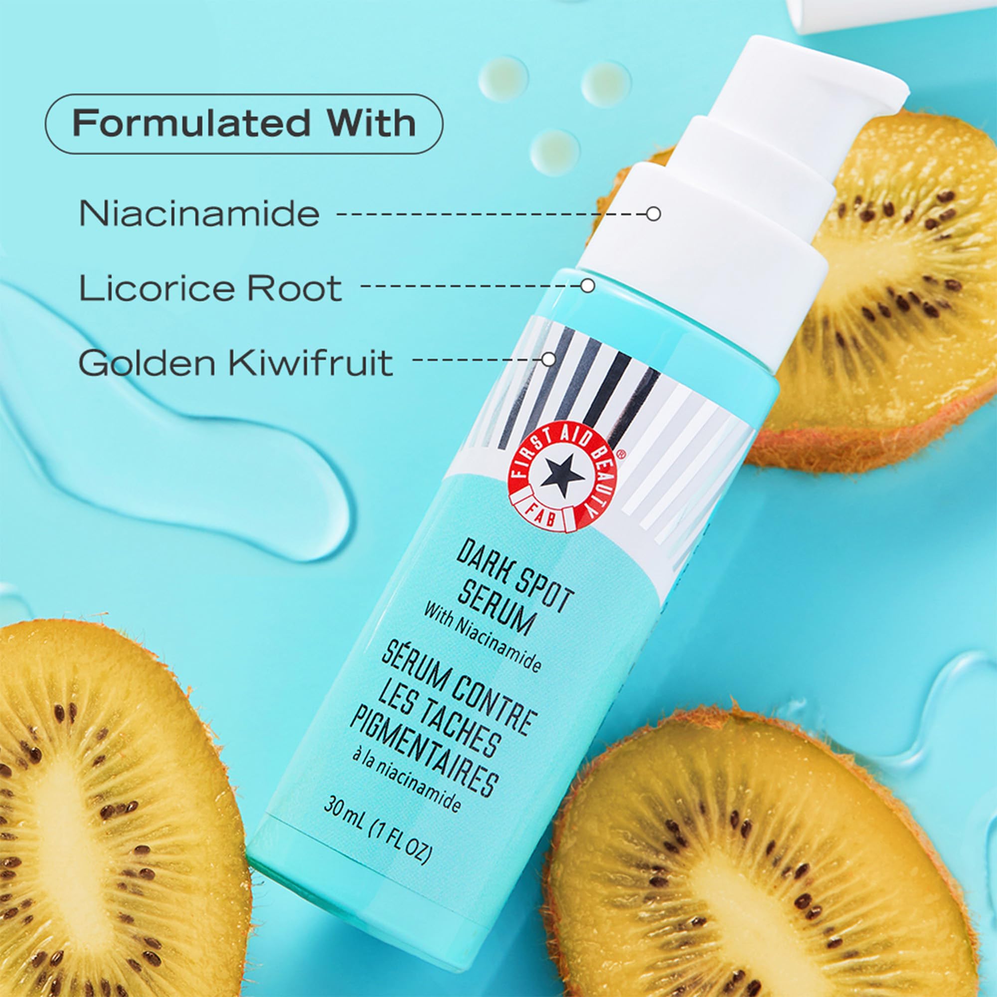 First Aid Beauty ingredients icons emphasize fragrance-free and non-irritating formula.