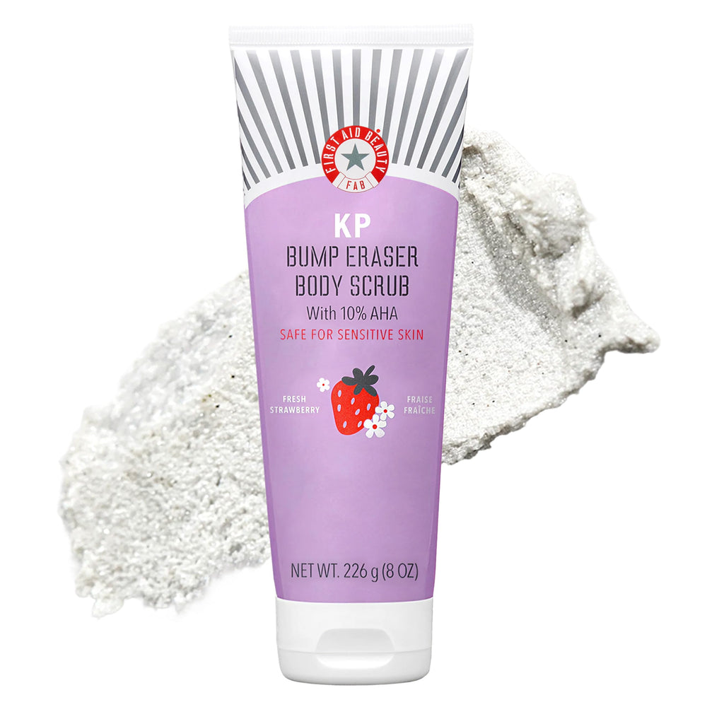 First Aid Beauty KP Bump Eraser bottle shows 8 oz size for gentle exfoliation.