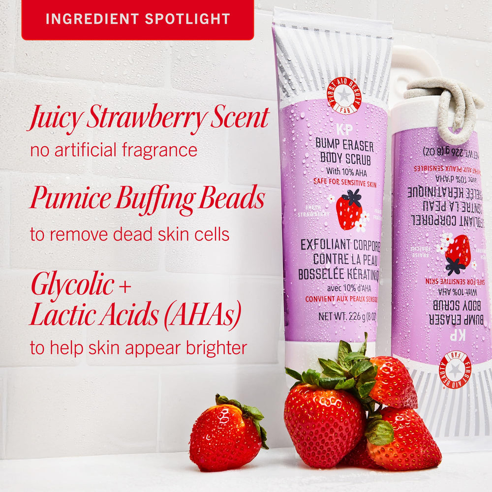 Strawberry-scented KP Bump Eraser from First Aid Beauty ready for daily use.