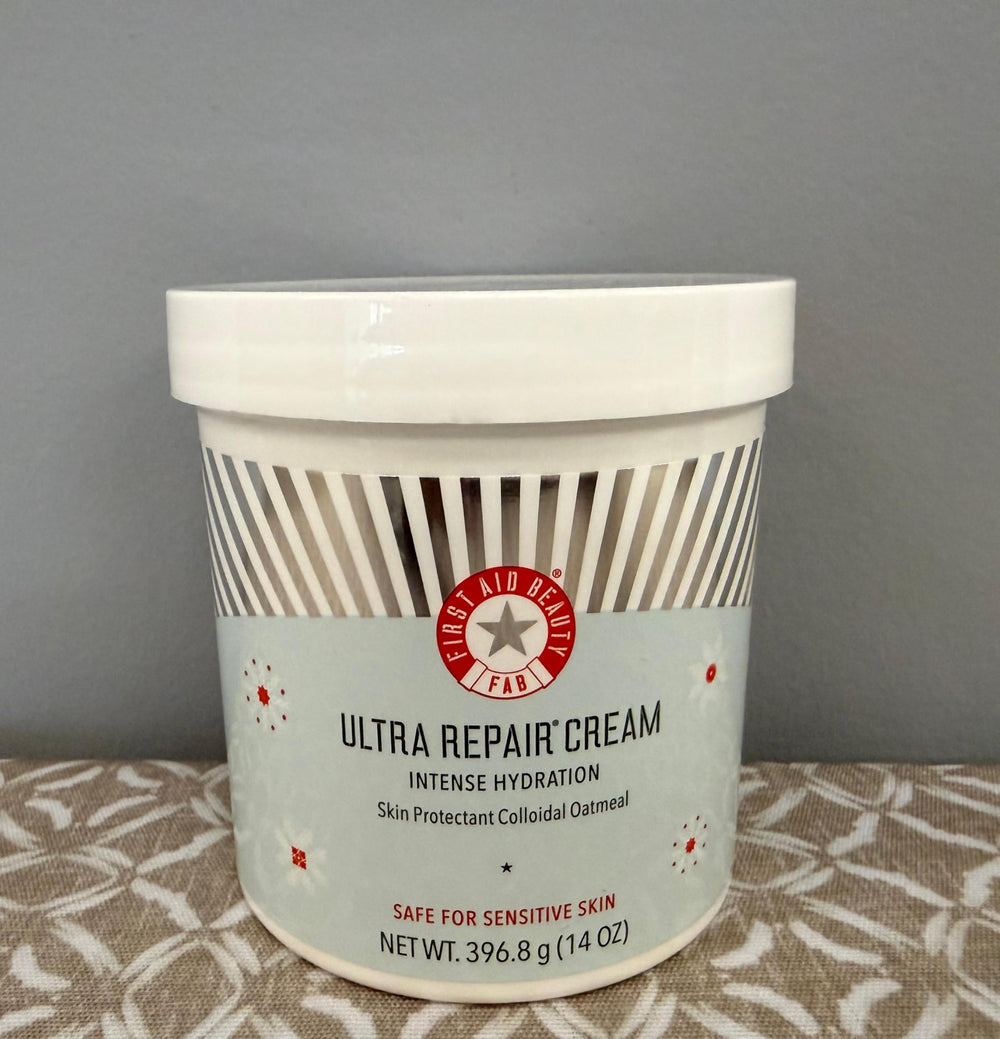 First Aid Beauty Ultra Repair Cream back-label closeup with ingredients and notes.