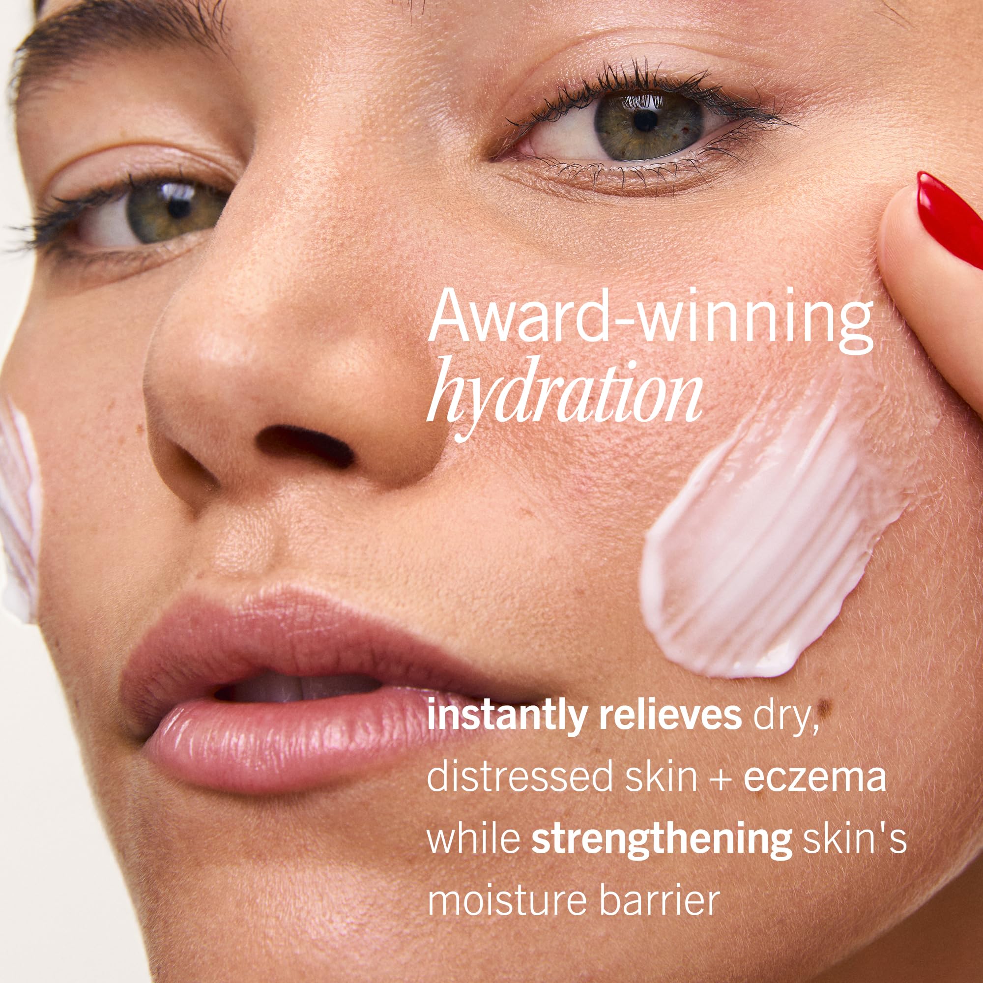 First Aid Beauty Ultra Repair Cream applied to the face for dry, sensitive skin.