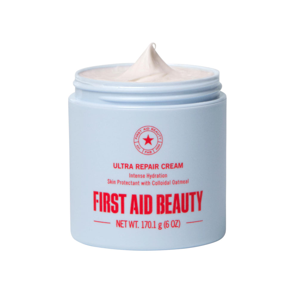 First Aid Beauty Ultra Repair Cream front jar shows 24-hour hydration