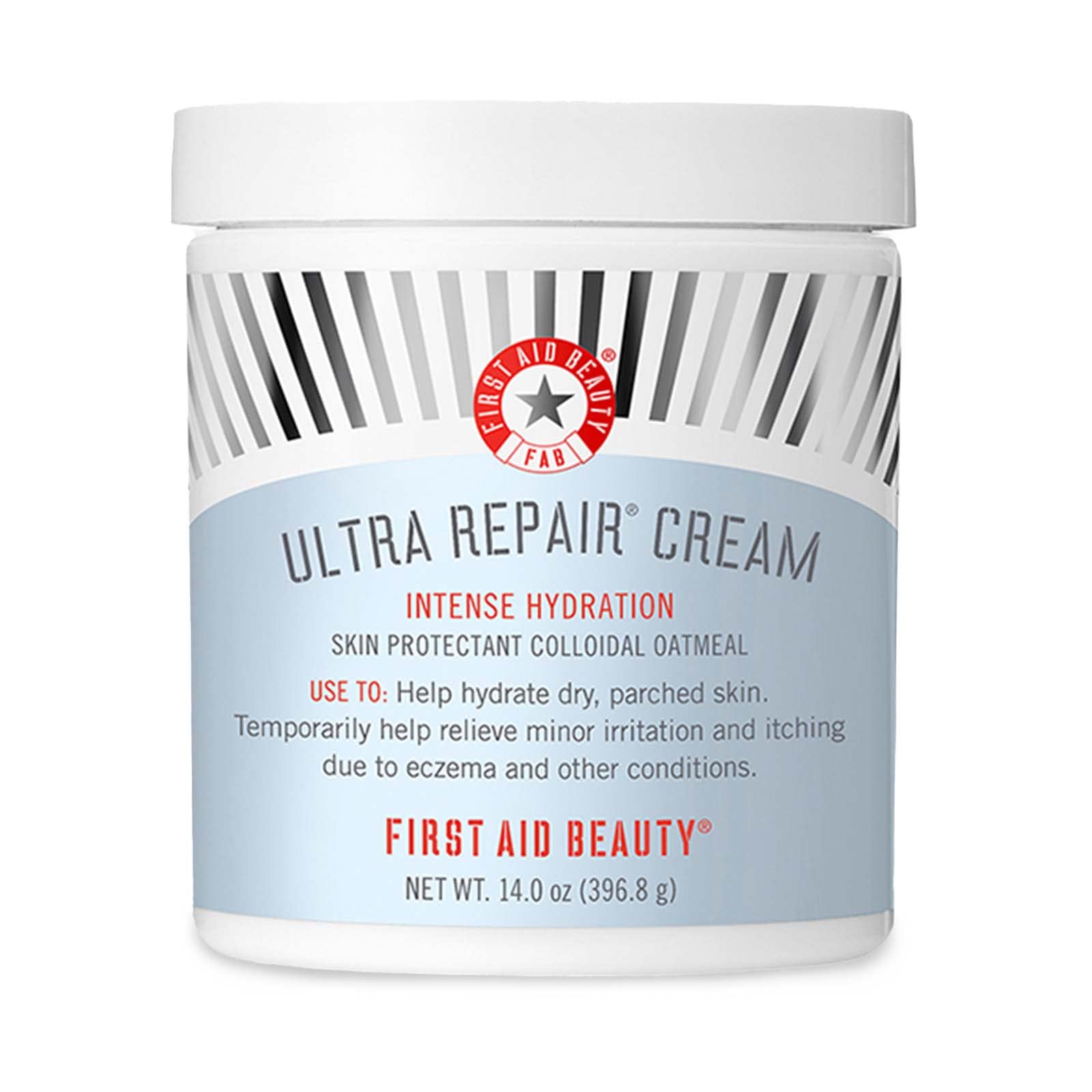 First Aid Beauty Ultra Repair Cream jar closeup, rich hydration for dry skin.