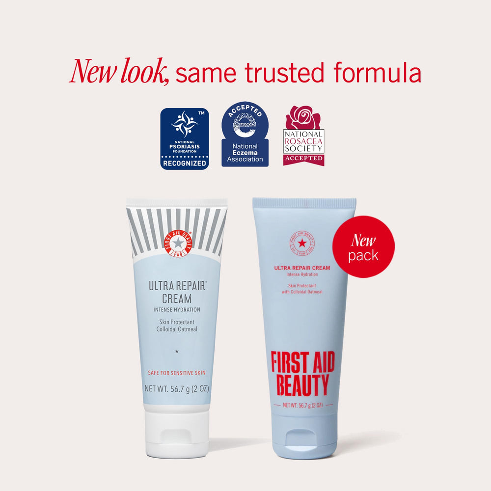 First Aid Beauty Ultra Repair Cream jar close-up highlighting whipped texture for quick absorption