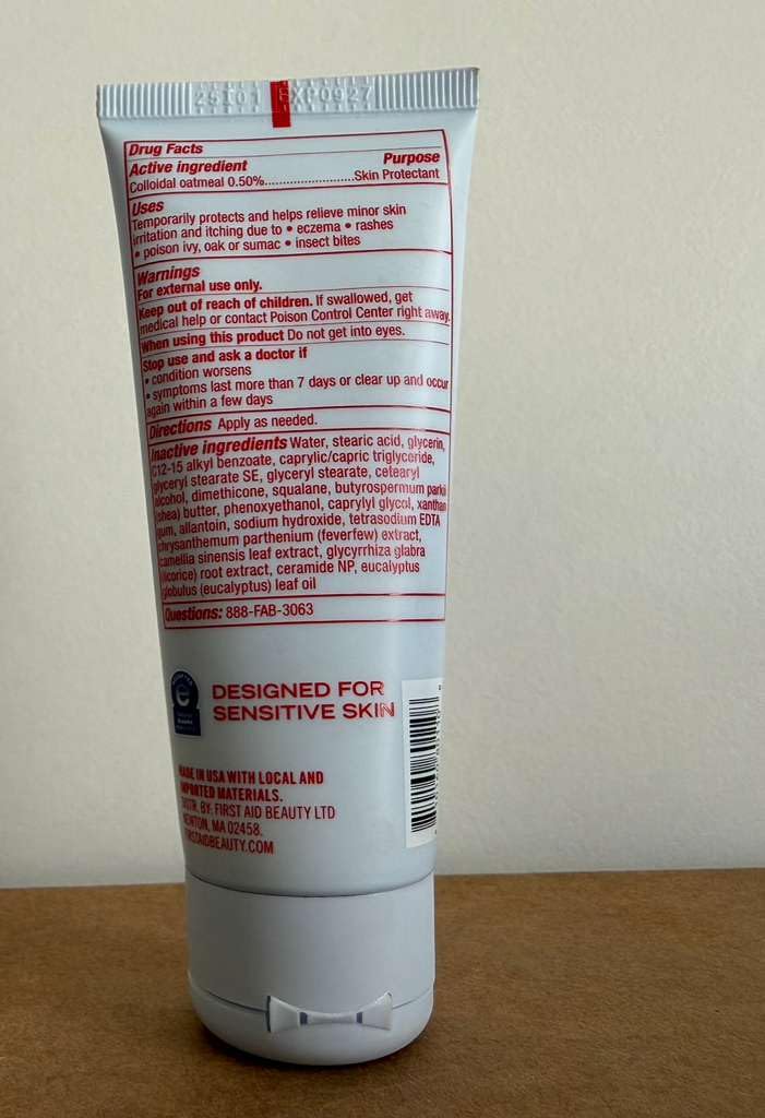 First Aid Beauty Ultra Repair Cream packaging back showing ingredients and claims
