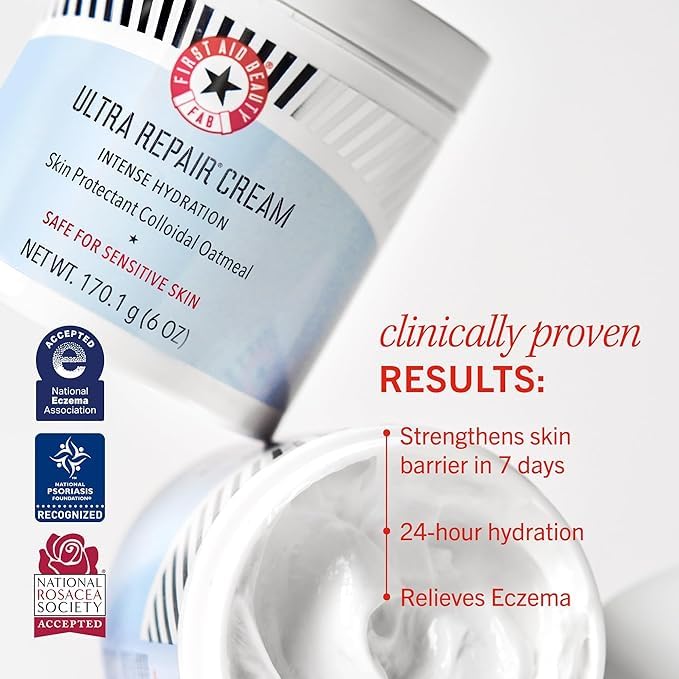 First Aid Beauty Ultra Repair Cream tub surface with dense consistency for moisture sealing.