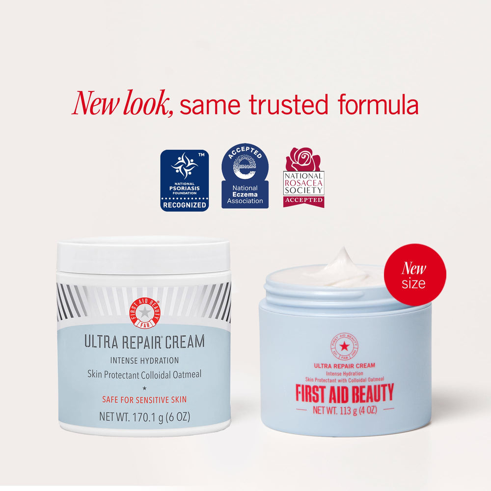 First Aid Beauty Ultra Repair Cream whipped texture indicates light, non-greasy hydration for face and body.