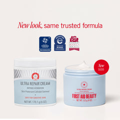 First Aid Beauty Ultra Repair Cream whipped texture indicates light, non-greasy hydration for face and body.