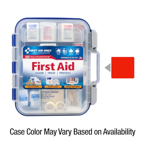 First Aid Only 91247 kit interior showing 335-piece assortment for emergencies.