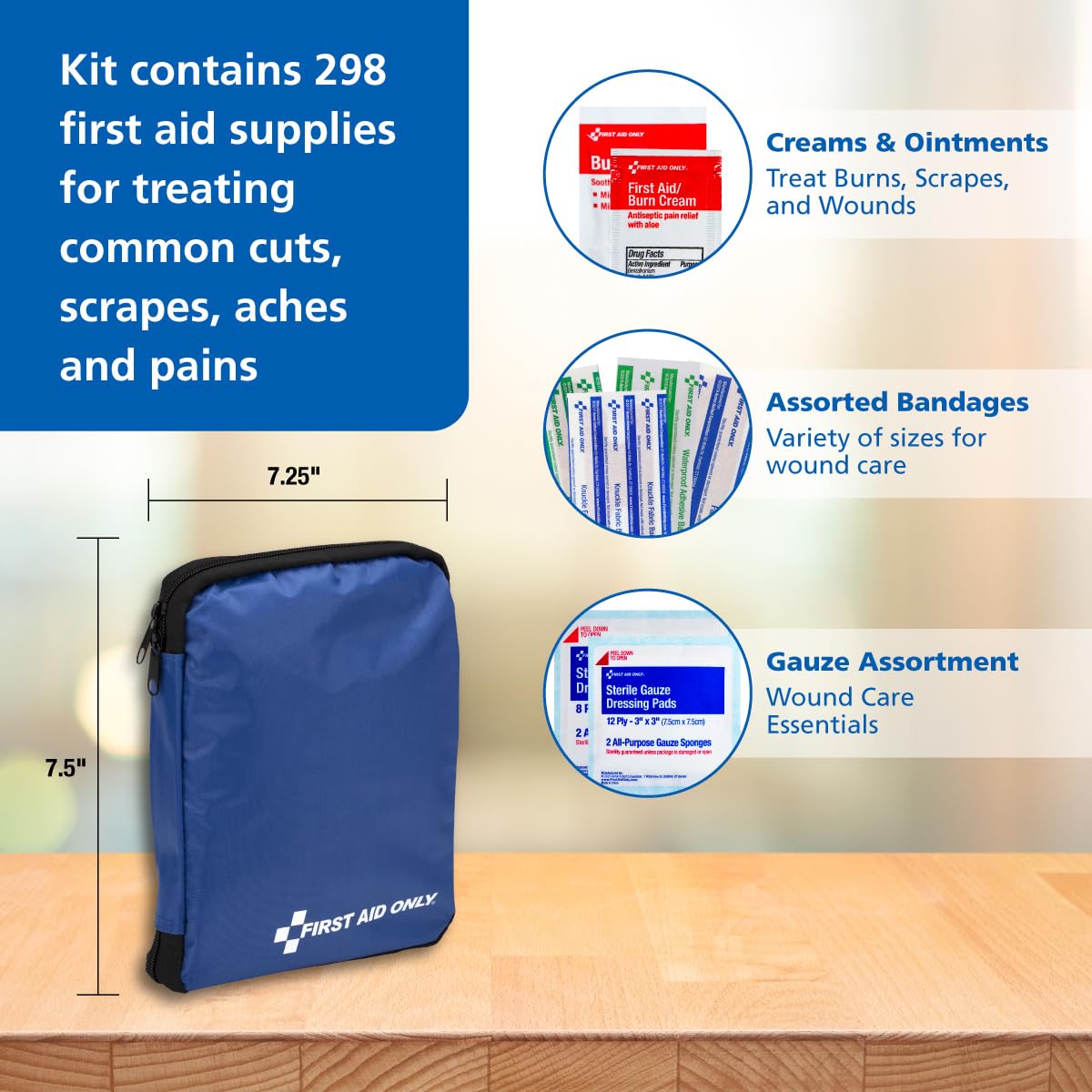 First Aid Only compact kit fits in a glove box or backpack.