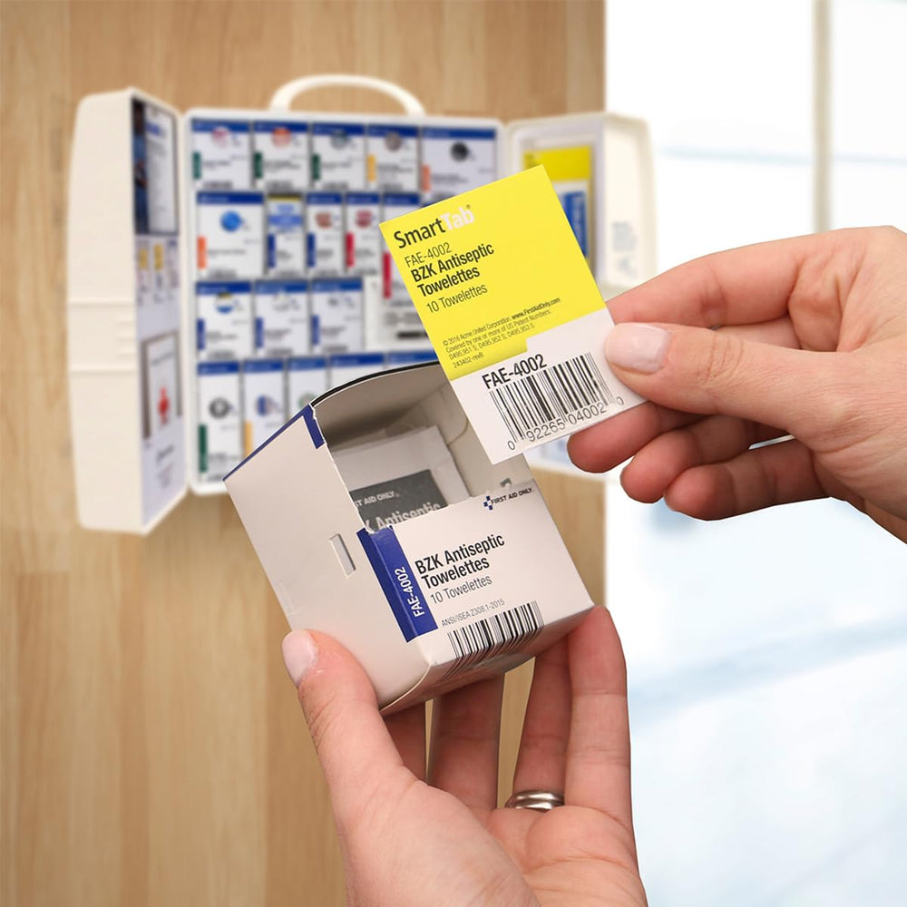 First Aid Only large cabinet with clear labels to speed selection.