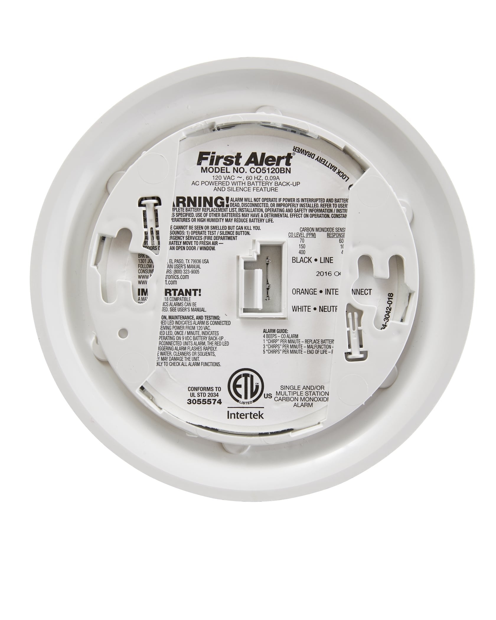 First Alert CO5120BN interconnect capability links multiple alarms for home safety.