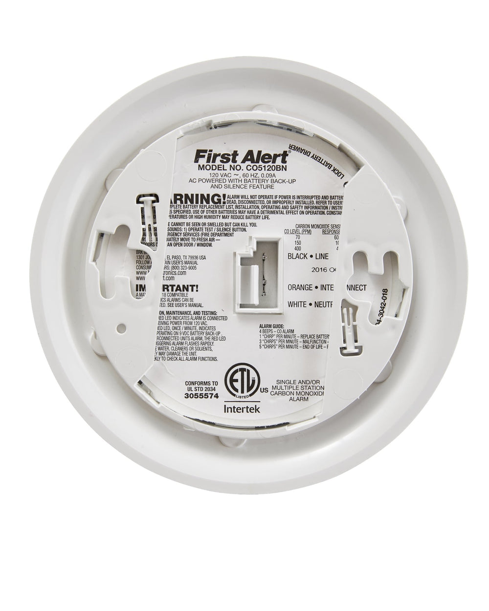 First Alert CO5120BN interconnect capability links multiple alarms for home safety.