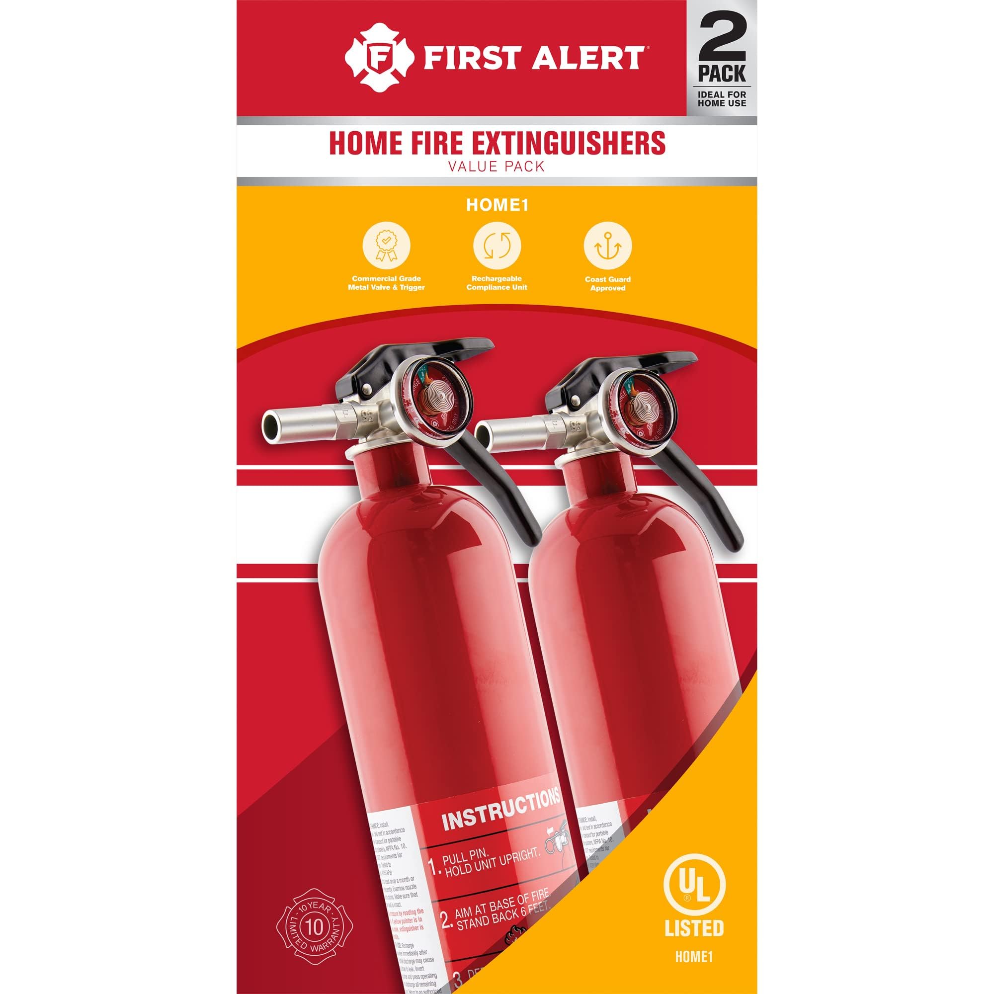 First Alert Home1-2 extinguisher metal-valve closeup shows durable, commercial-grade hardware