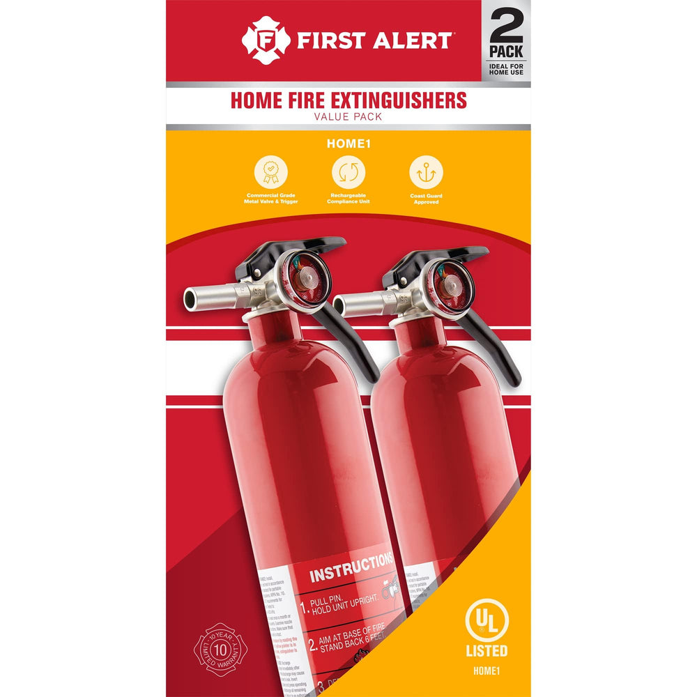 First Alert Home1-2 extinguisher metal-valve closeup shows durable, commercial-grade hardware